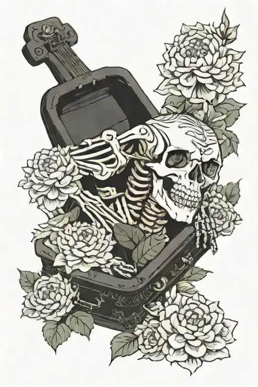 "A skeleton lying in a coffin, arms crossed behind its head, surrounded by a mix of lotus flowers and chrysanthemums.  tattoo design idea