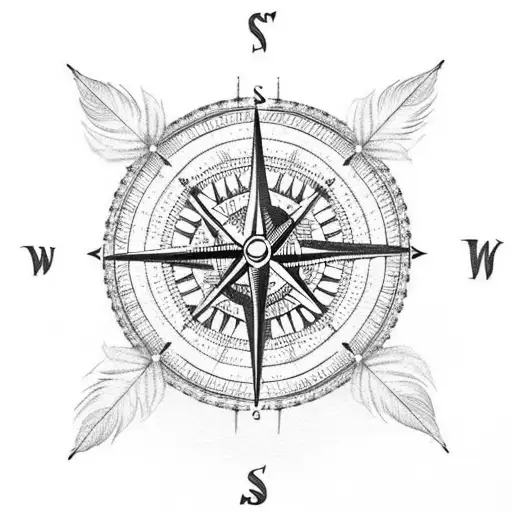 compass inside a dream catcher with arrows pointing up and feathers  tattoo design idea
