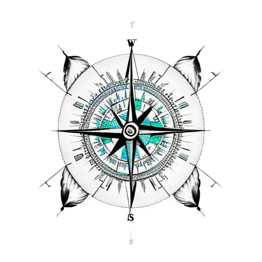 compass inside a dream catcher with arrows pointing up and feathers  tattoo design idea