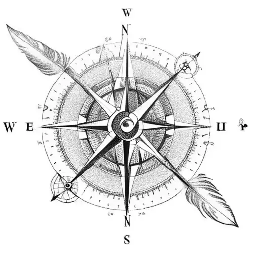 Compass inside dream catcher, arrows pointing up and feathers tattoo design idea