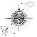 compass inside a dream catcher with arrows pointing up and feathers  tattoo design idea
