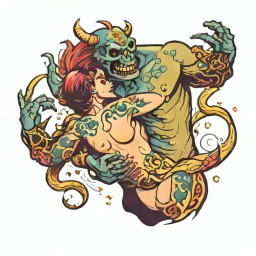 person slow dancing with monster tattoo design idea