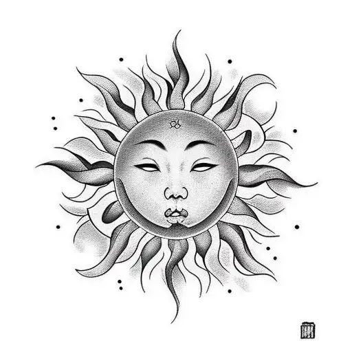 simple sun, black ink only, very feminim, no faces, slimple lines tattoo design idea