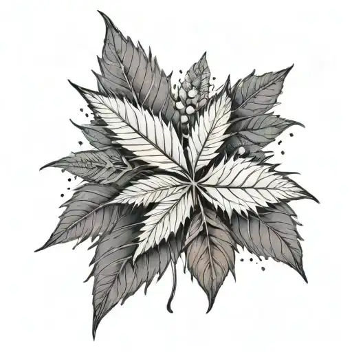 A stylized marijuana leaf with small animals hidden within the leaves tattoo design idea
