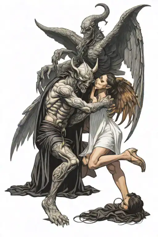 the demon Lucifer with wings leaned over a nun who prays tattoo design idea