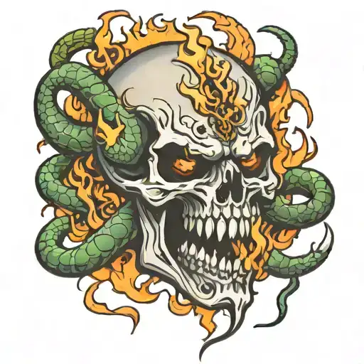 demon skull with fire and snakes tattoo design idea