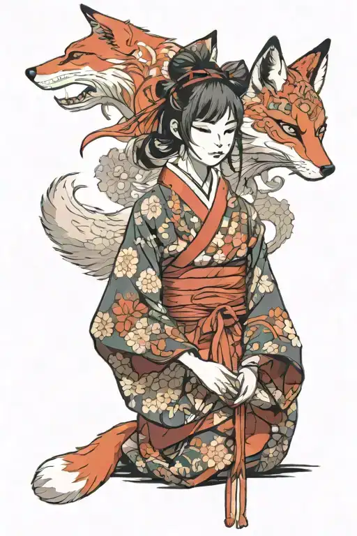 A girl with a fox mask in a red open kimono, Japanese patterns around tattoo design idea