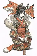 A girl with a fox mask in a red open kimono, Japanese patterns around tattoo design idea