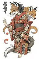 A girl with a fox mask in a red open kimono, Japanese patterns around tattoo design idea