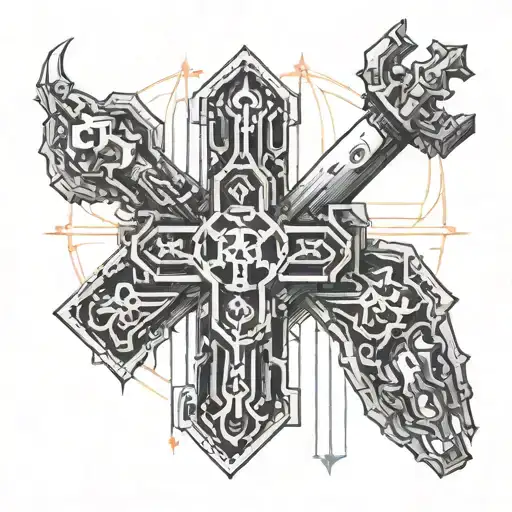 Please create a Cyber Ciligism tattoo.  I'd like there to be crosses on the fingers and those crosses to turn into a des tattoo design idea