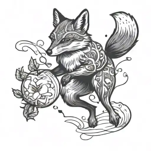 black and white  fox leaping onto Apple tattoo design idea