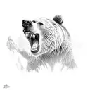 A dynamic composition featuring a Grizzly bear in mid-leap, with its mouth wide open and its claws stretched out, ready to catch its prey. tattoo design idea