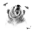 A dynamic composition featuring a Grizzly bear in mid-leap, with its mouth wide open and its claws stretched out, ready to catch its prey. tattoo design idea