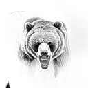 A dynamic composition featuring a Grizzly bear in mid-leap, with its mouth wide open and its claws stretched out, ready to catch its prey. tattoo design idea