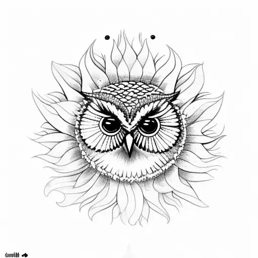 owl on sunflower tattoo design idea