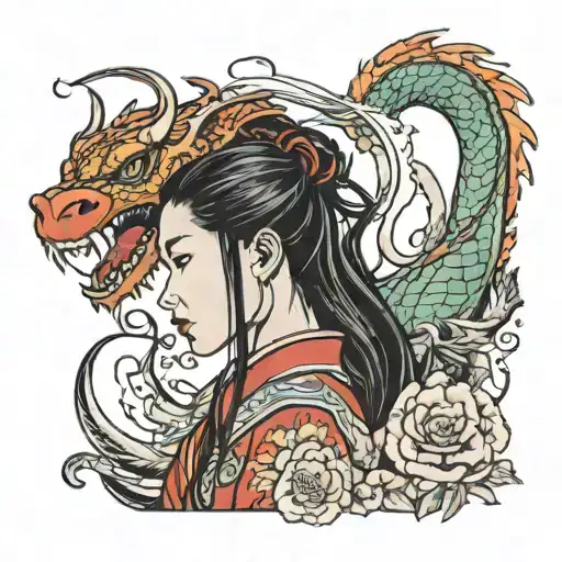 Mulan cutting her hair and is surrounded by dragon tattoo design idea