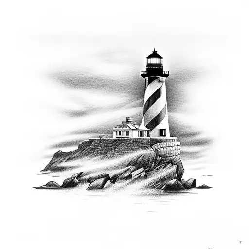 A lighthouse stands tall on a rocky cliff, its beacon of light cutting through the darkness to guide ships safely. tattoo design idea