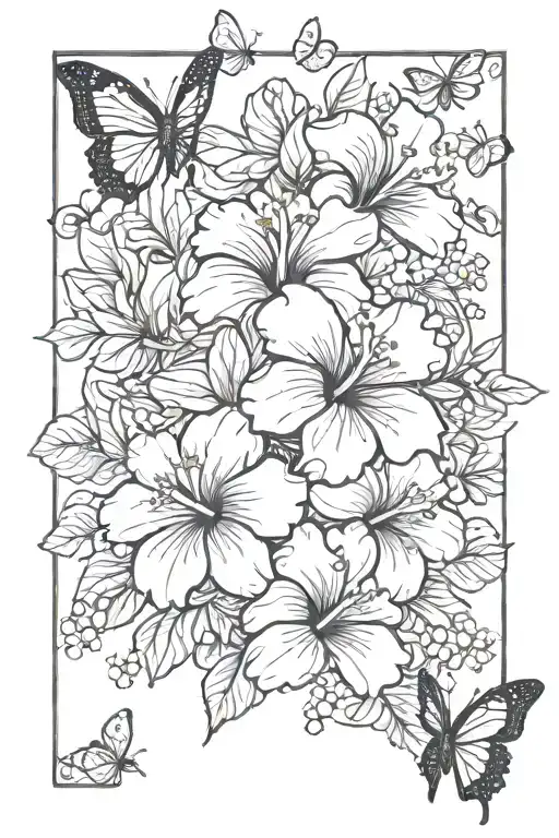 floral hibiscus flower surrounded by butterflies and bees   tattoo design idea