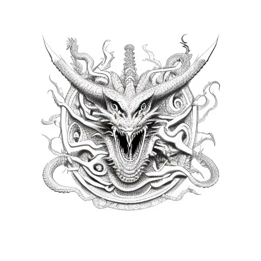 Dragon with Medusa and tribal satan mask tattoo design idea