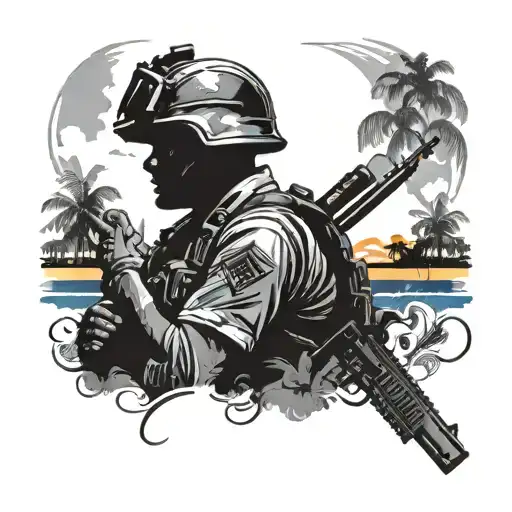 Create a tattoo featuring a silhouette of a marine with the outline of Haiti in the background tattoo design idea