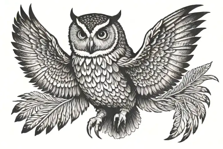 Owl with bushy eyebrows and two flight feathers missing on left wing.  tattoo design idea