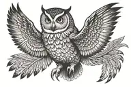 Owl with bushy eyebrows and two flight feathers missing on left wing.  tattoo design idea