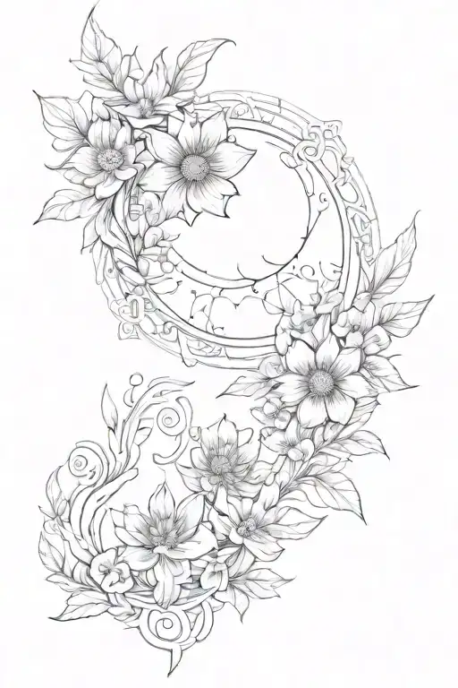 sternum with sun moon flowers connecting to collarbone tattoo design idea