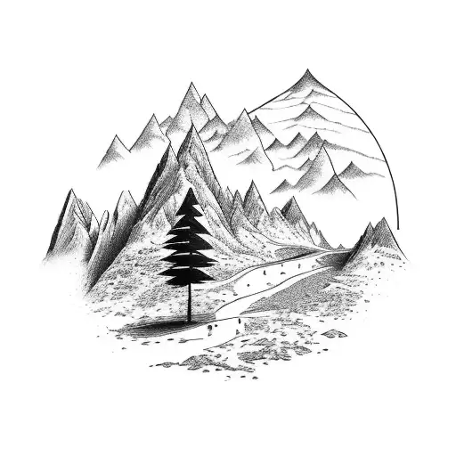A majestic mountain landscape with a winding trail, incorporating your dog Picasso walking beside you tattoo design idea