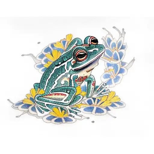 japanese frog in a sauana with flowers  tattoo design idea
