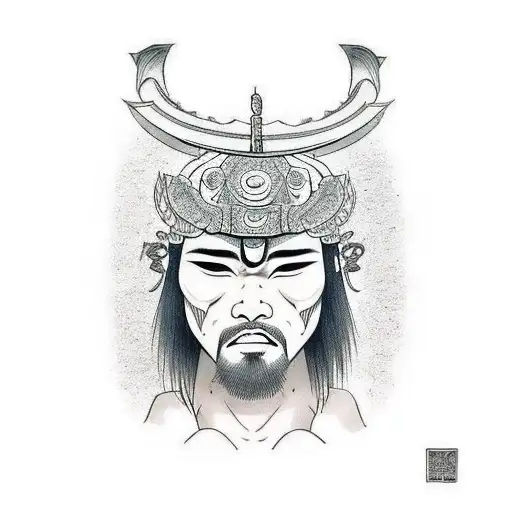 cabeça de uma togre com emo de samurai com duas espadas ao fundo no estilo bem oriental  tattoo design idea