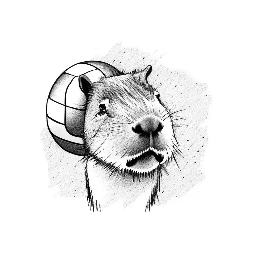 A capybara wearing a volleyball jersey and holding a volleyball tattoo design idea