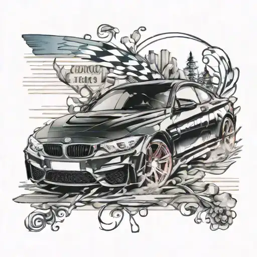 A tattoo design of a sleek BMW M4 racing through a field of romantic novel pages, reflecting your love for fast cars and romantic literature tattoo design idea