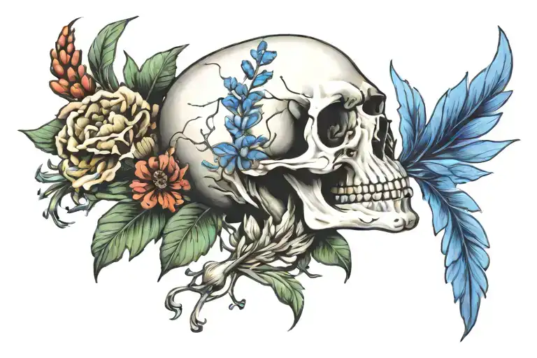 skull with bluebonnet and indian paintbrush flowers tattoo design idea