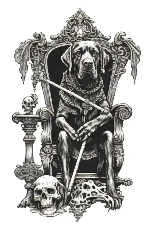A Labrador sitting on a throne, holding a staff and a bone in his hands. The throne is decorated with cat skulls and bones. The background is black. tattoo design idea