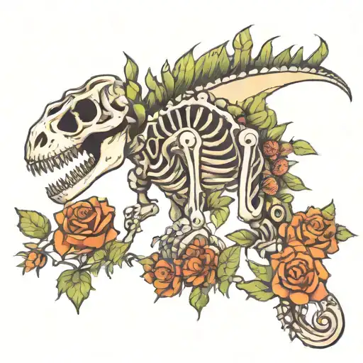dinosaur skeleton with flowers coming out of it  tattoo design idea