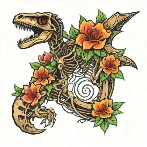 velociraptor skeleton with flowers blooming  tattoo design idea