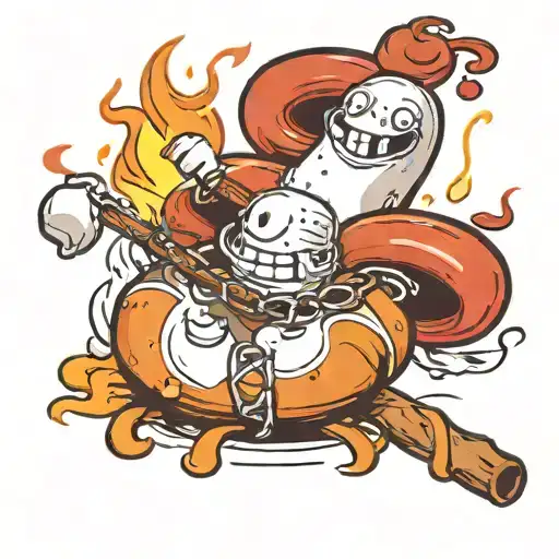  a fire with a roasting weenie and a marshmallow on another stick  tattoo design idea