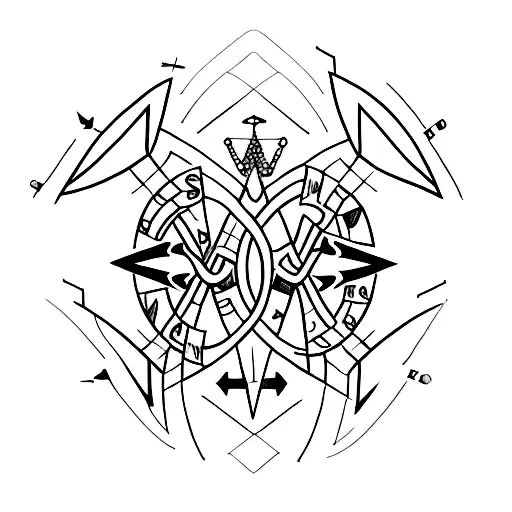 A minimalist tattoo design featuring four arrows intersecting each other, each arrow representing a letter G B C and D tattoo design idea