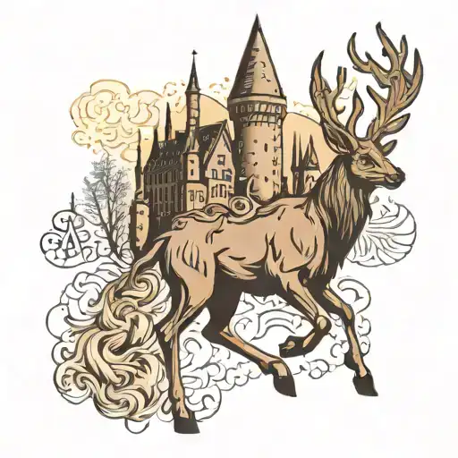 Harry potter castle with stag patronus tattoo design idea