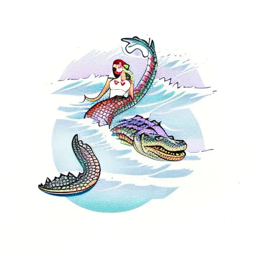 mermaid wrestling an alligator tattoo design idea