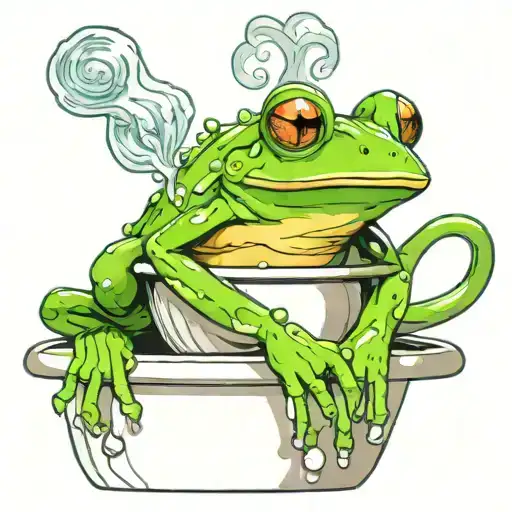 tree frog perched on rim of pot of boiling water tattoo design idea