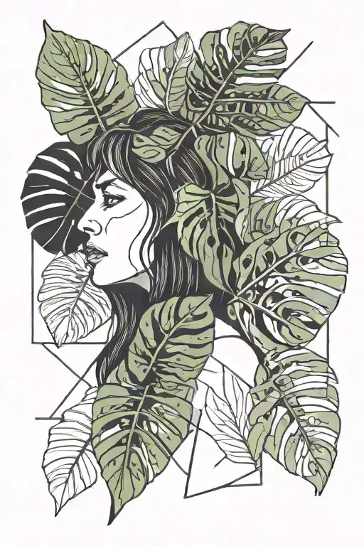 monstera eucalyptus leaves woman empower inspiring tattoo design idea