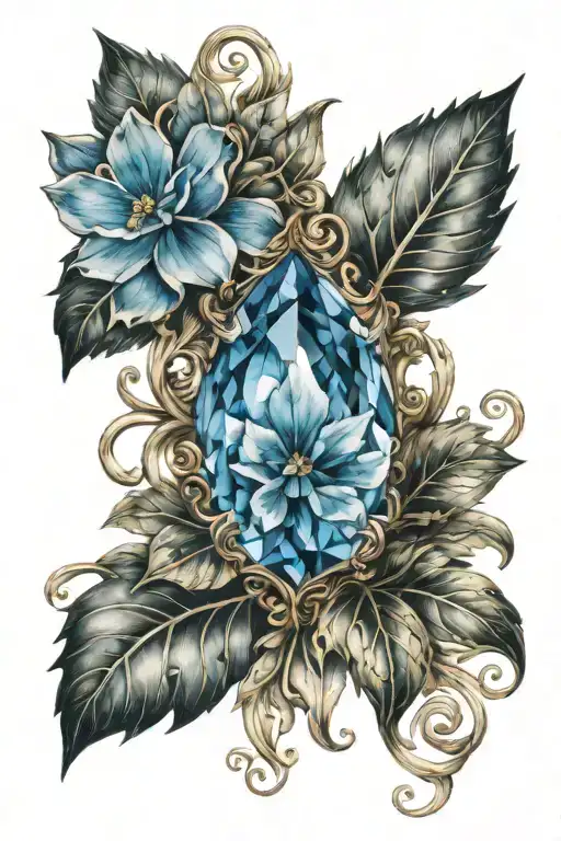 A blue topaz gemstone surrounded by intricate floral vines and leaves tattoo design idea