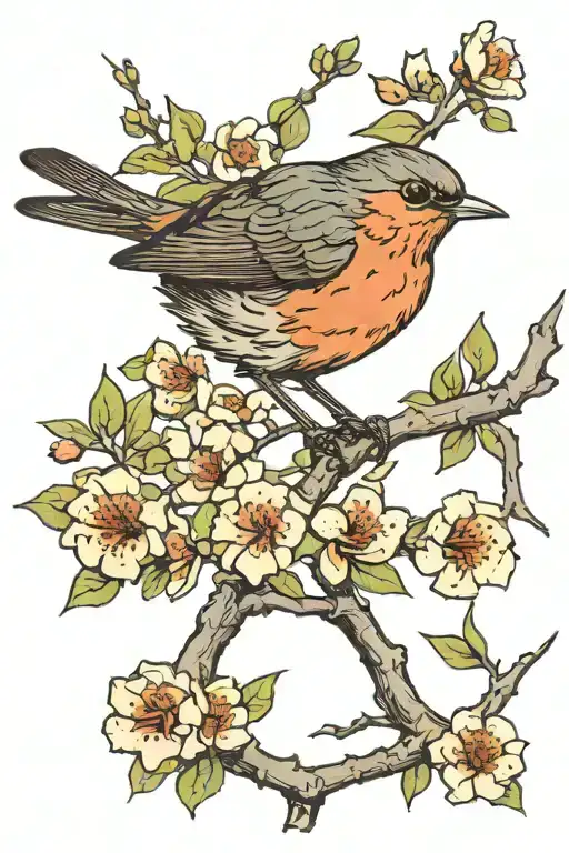 robin bird sitting on blossom tree branch tattoo design idea