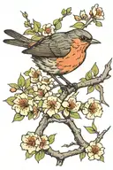 robin bird sitting on blossom tree branch tattoo design idea