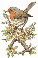robin bird sitting on blossom tree branch tattoo design idea