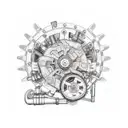 A steampunk-inspired motorcycle engine with gears and pipes incorporated into the design tattoo design idea