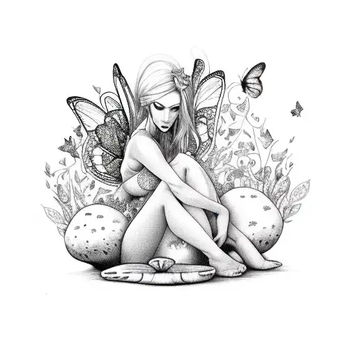 sexy adult fairy woman sitting on a mushroom surrounded by butterflies  tattoo design idea
