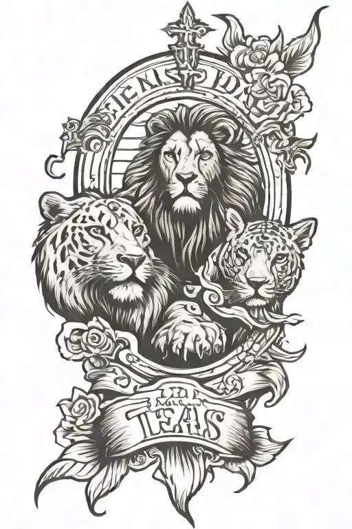 Create a full arm sleeve tattoo that includes im from Dallas Texas , I fear GOD, a Lion with Jesus Crosses,and Tanika tattoo design idea