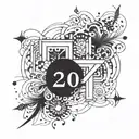 An abstract design incorporating the date 24.01.2020 and elements related to 'любовь' (love) in a blackwork style tattoo design idea